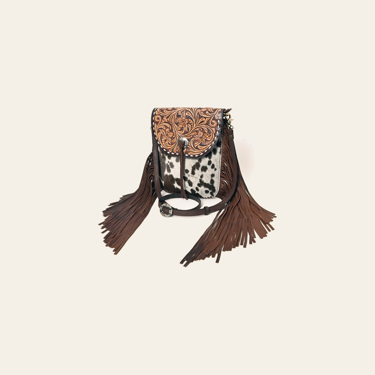 American Darling Genuine Leather Cross body Bag Women Hair-On Cowhide Floral Hand Tooled Purse Buck Stitched Fringe YKK Zipper