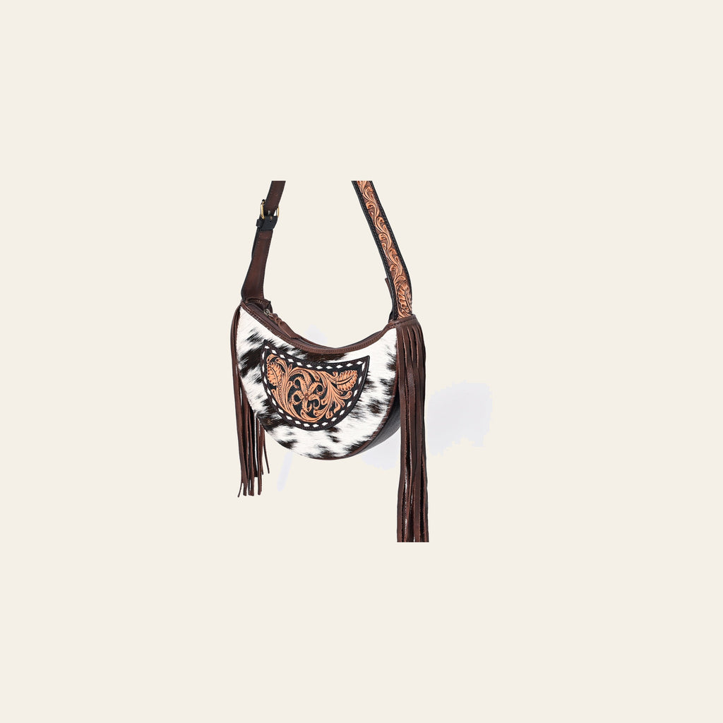 American Darling Hand Tooled Floral Carved Hair-On Cowhide Genuine Leather Fringe Hobo Bag Vegetable-Tanned Eco-Friendly