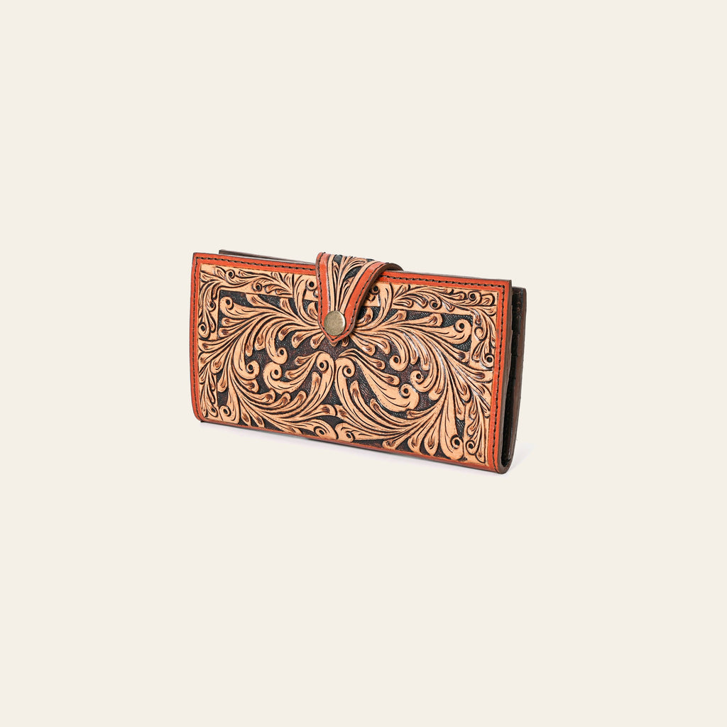 American Darling Hand Tooled Floral Carved Leather Clutch Vegetable-Tanned Genuine Leather Western Wallet YKK Zipper