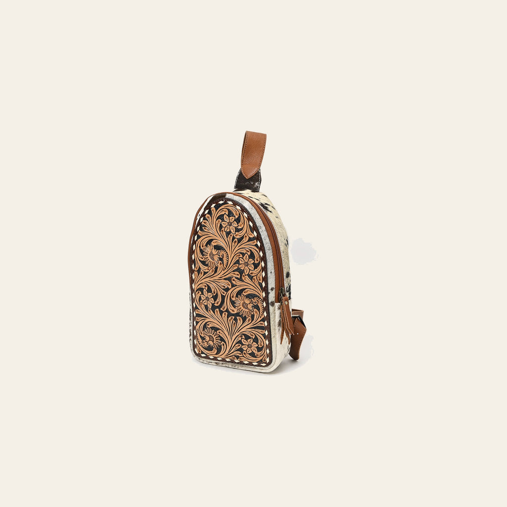 American Darling Western Leather Sling Bag - Eco-Friendly Full Grain Leather Hand Tooled Floral Carved Hair-On Cowhide Purse