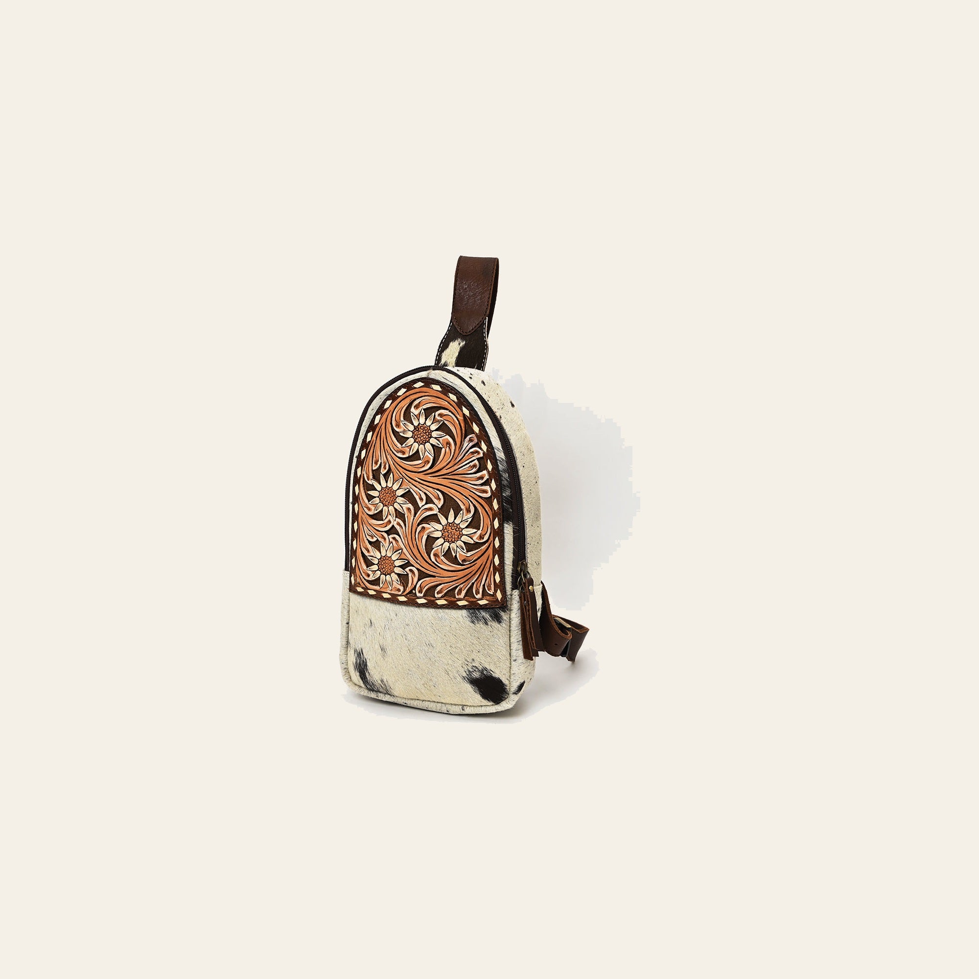American Darling Hand Tooled Floral Carved Hair-On Cowhide Sling Bag Eco-Friendly Genuine Leather Western Crossbody
