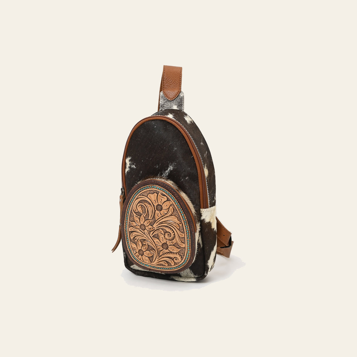 American Darling Hand Tooled Floral Carved Hair-On Cowhide Sling Bag Eco-Friendly Genuine Leather Western Crossbody