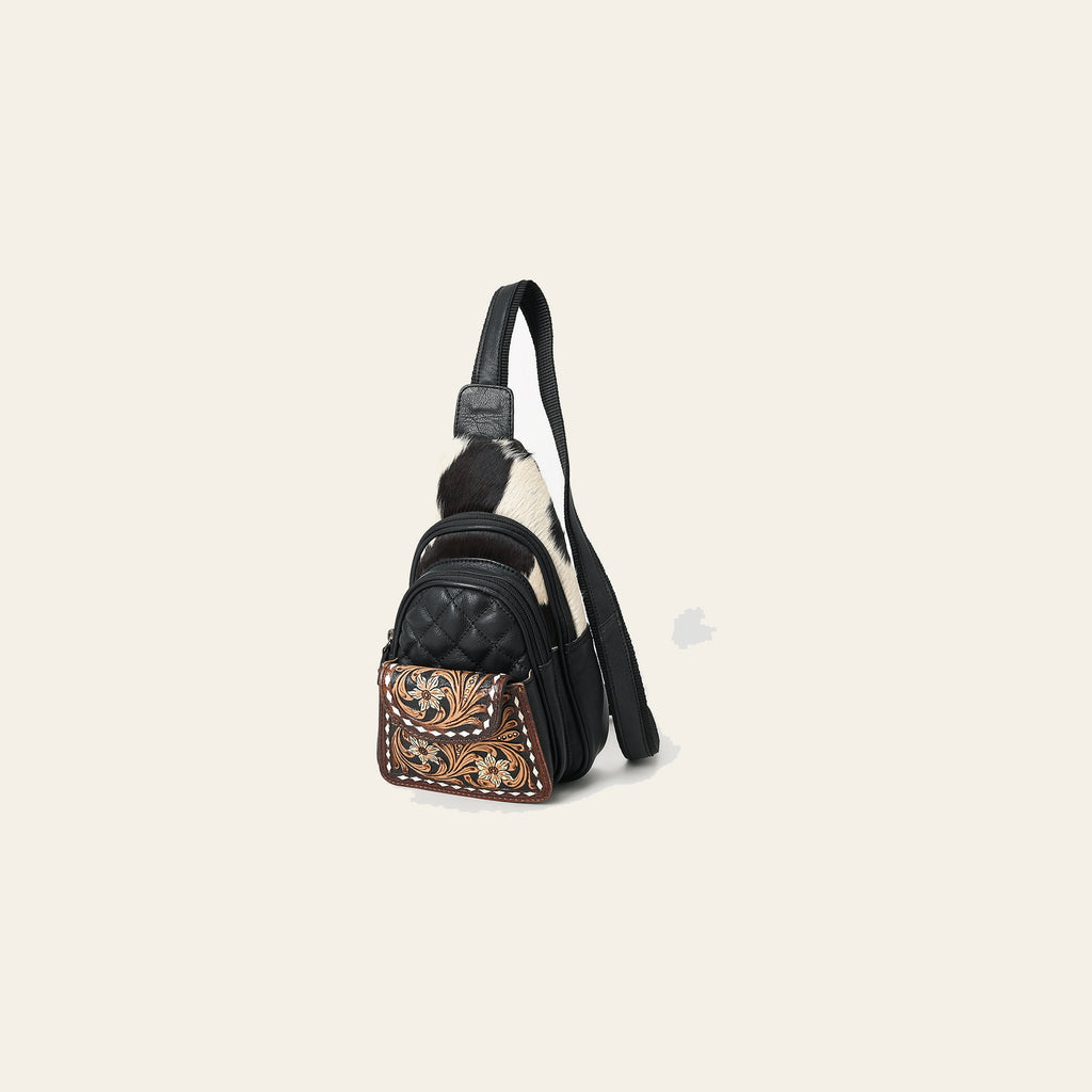American Darling Hand-Tooled Floral Quilted Hair-On Cowhide Sling Bag Genuine Vegetable-Tanned Leather Crossbody