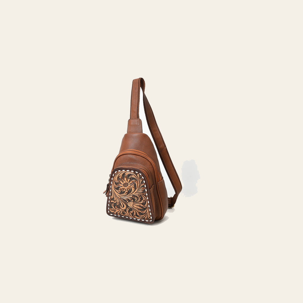American Darling Hand Tooled Floral Carved Sling Bag Genuine Vegetable-Tanned Full Grain Leather Western Crossbody