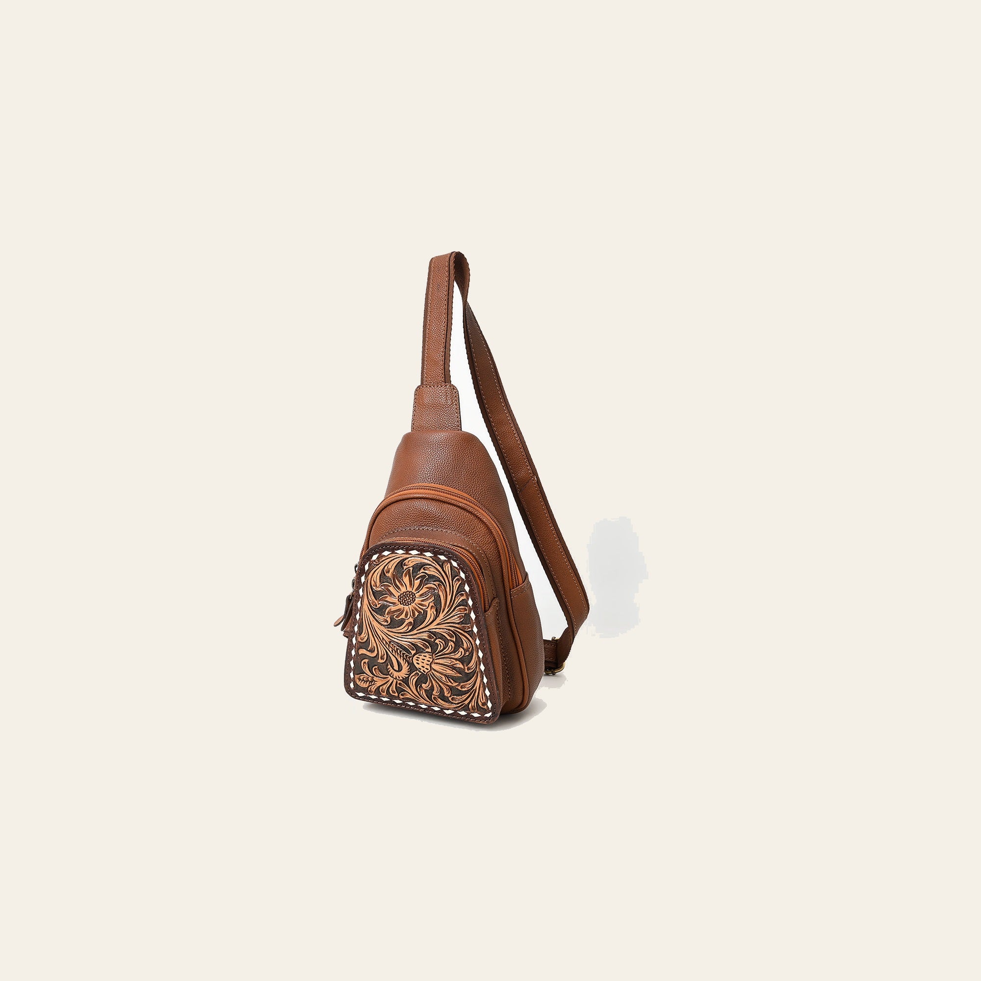 American Darling Hand Tooled Floral Carved Sling Bag Genuine Vegetable-Tanned Full Grain Leather Western Crossbody
