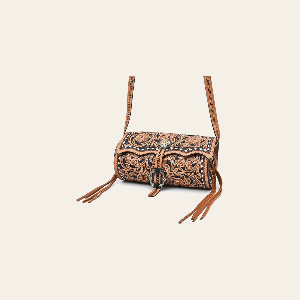 American Darling Western Cross body Bag Hand Tooled Floral Leather Purse with Fringes Buck Stitched Trim and Concho Detail