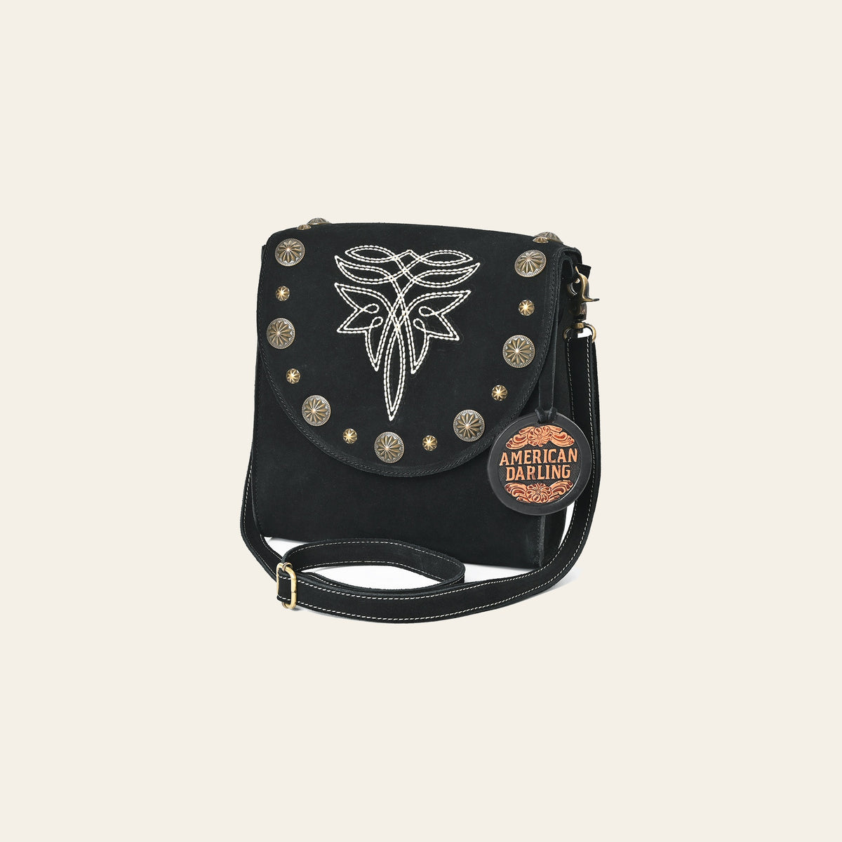 American Darling Cross body Bag Western Suede Leather Purse with Boot Stitched Embroidery Concho and YKK Zipper for Women