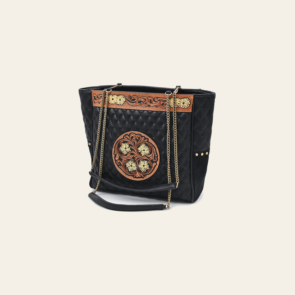 American Darling Genuine Leather Tote Bag Hand Tooled Quilted Floral Carved Eco-Friendly Vegetable Tanned Full Grain Leather