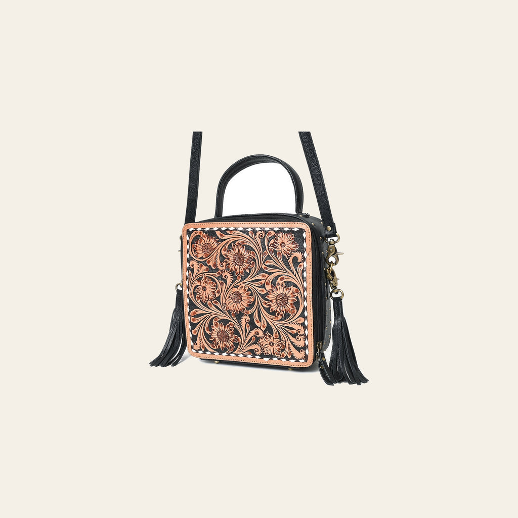 American Darling Large Cross body Bag Hand Tooled Floral Leather Western Purse with Fringes and Buck Stitched Trim