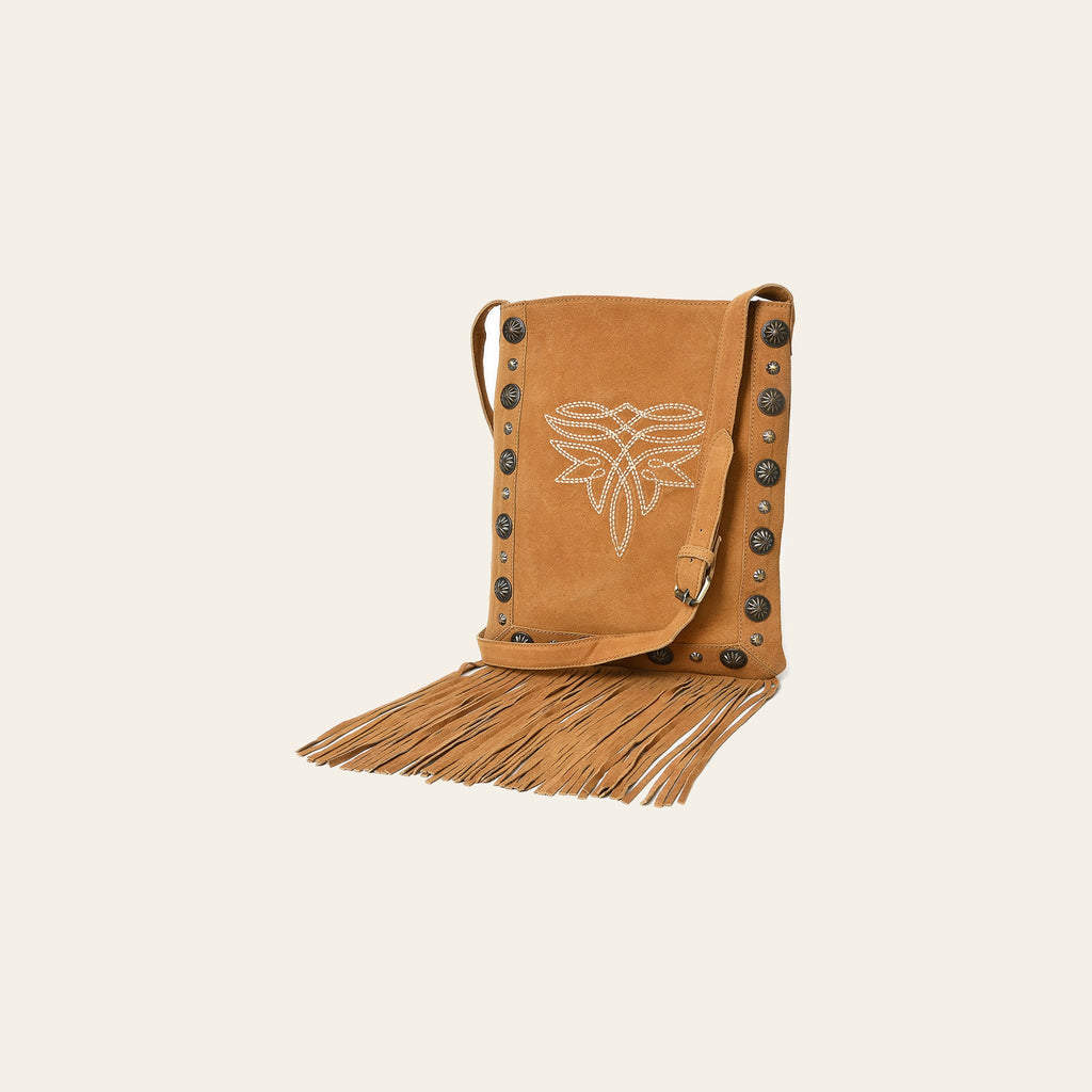 American Darling Chaps Bag Western Suede Leather Crossbody with Fringes Boot Stitched Design and Conchos