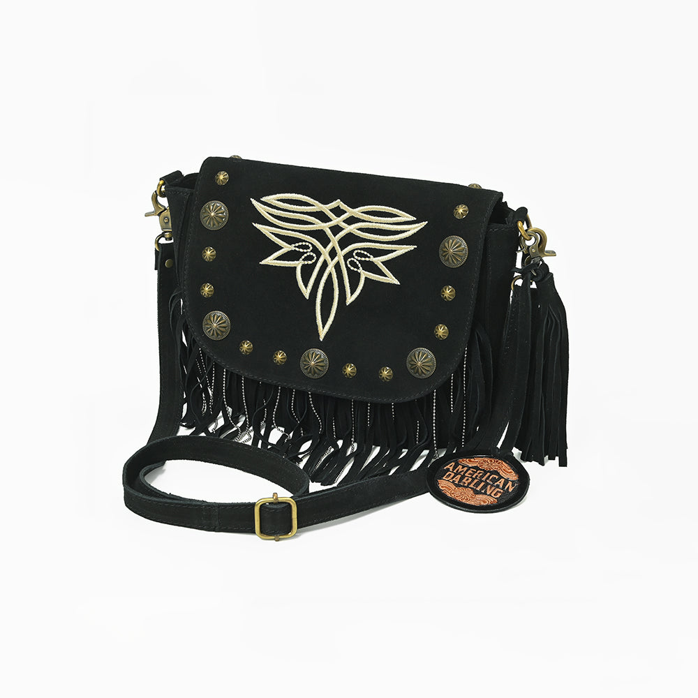 American Darling Genuine Suede Leather Cross body Bag - Fringe, Embroidery & Concho Eco-Friendly Vegetable Tanned Purse
