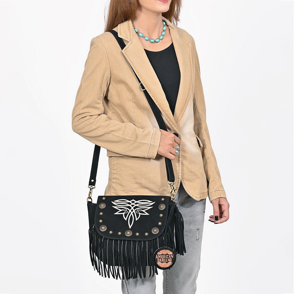 American Darling Genuine Suede Leather Cross body Bag - Fringe, Embroidery & Concho Eco-Friendly Vegetable Tanned Purse