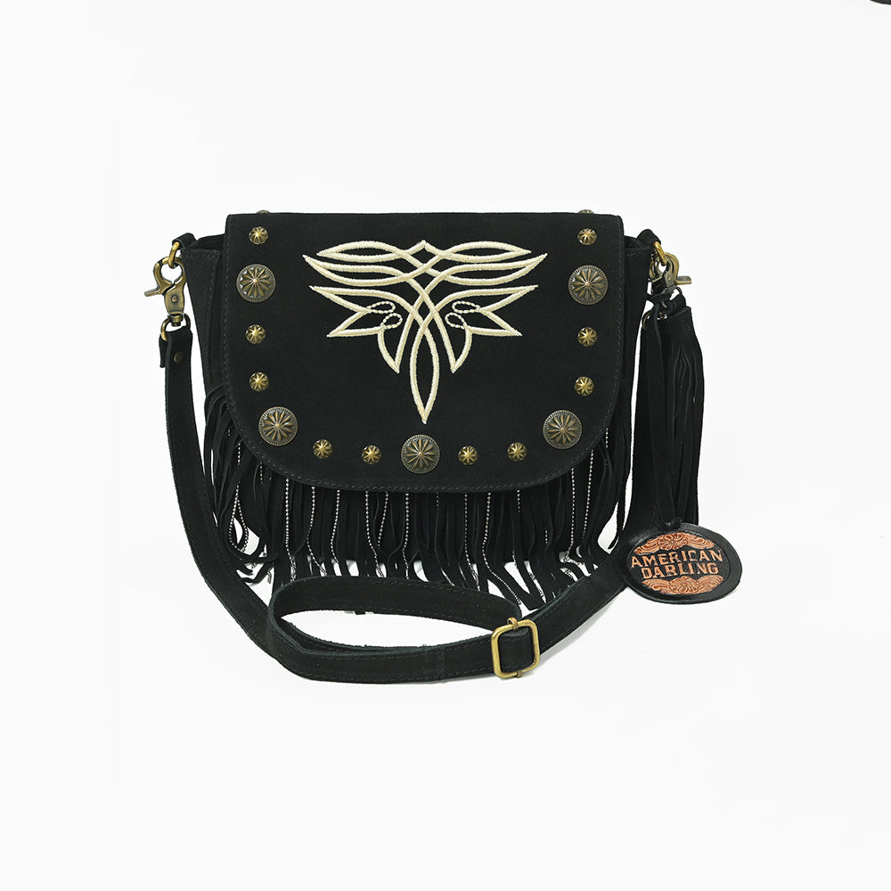 American Darling Genuine Suede Leather Cross body Bag - Fringe, Embroidery & Concho Eco-Friendly Vegetable Tanned Purse