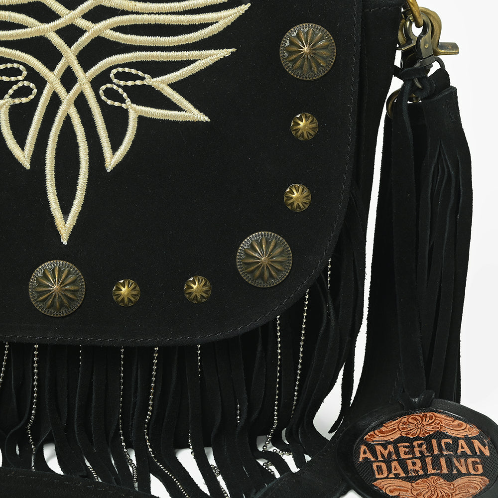 American Darling Genuine Suede Leather Cross body Bag - Fringe, Embroidery & Concho Eco-Friendly Vegetable Tanned Purse