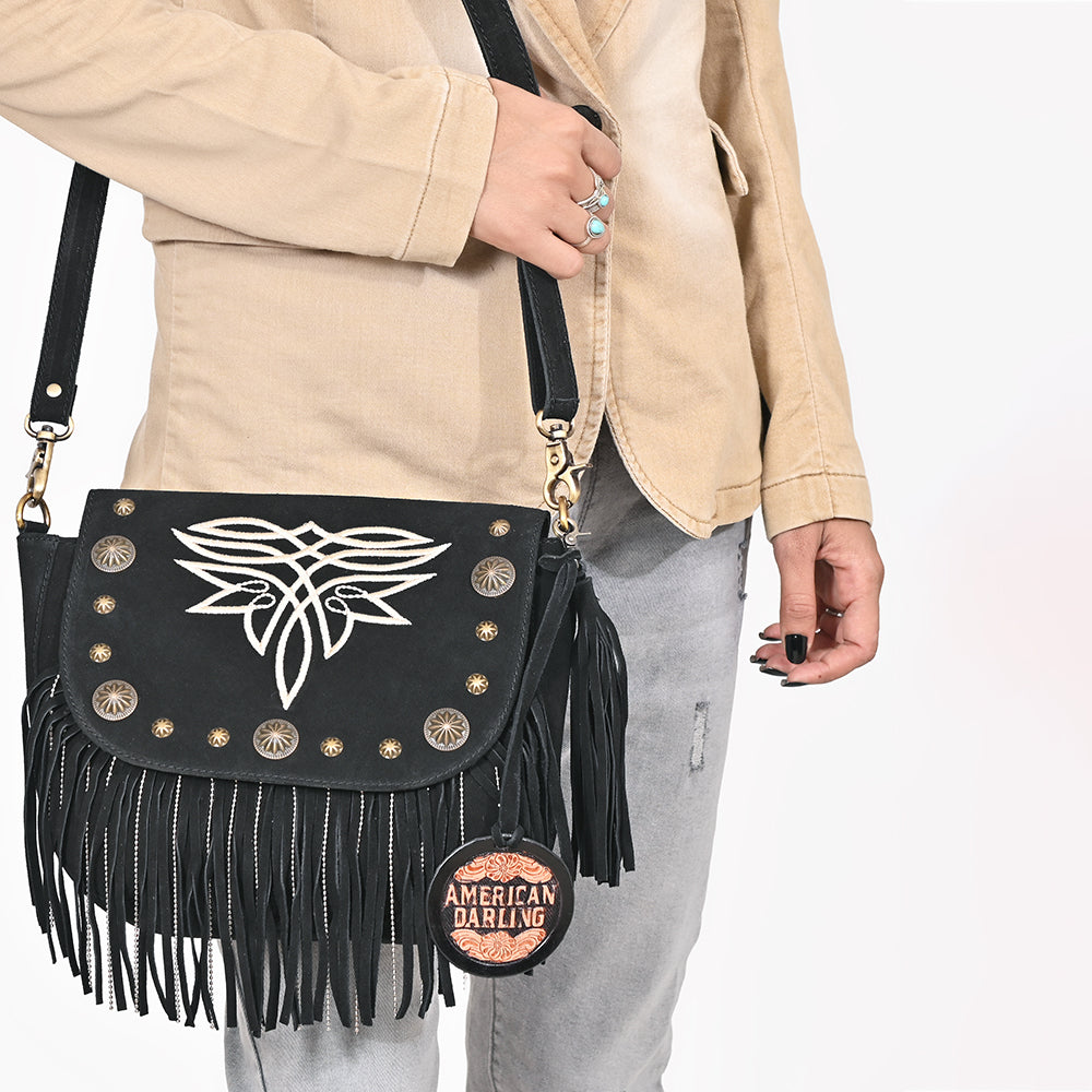 American Darling Genuine Suede Leather Cross body Bag - Fringe, Embroidery & Concho Eco-Friendly Vegetable Tanned Purse