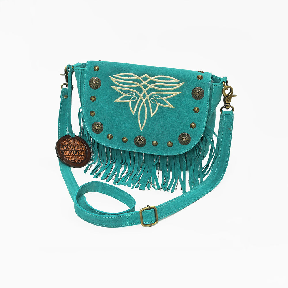 American Darling Genuine Suede Leather Cross body Bag - Fringe, Embroidery & Concho Eco-Friendly Vegetable Tanned Purse