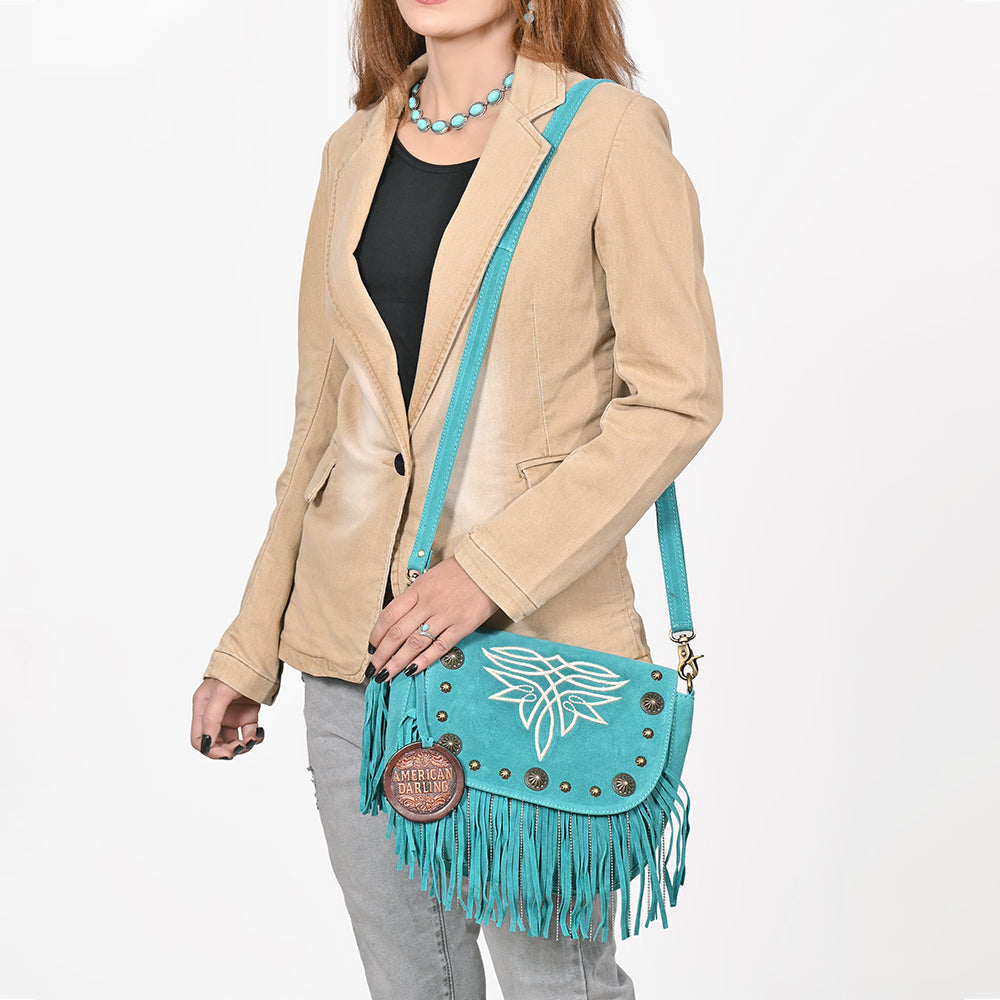 American Darling Genuine Suede Leather Cross body Bag - Fringe, Embroidery & Concho Eco-Friendly Vegetable Tanned Purse