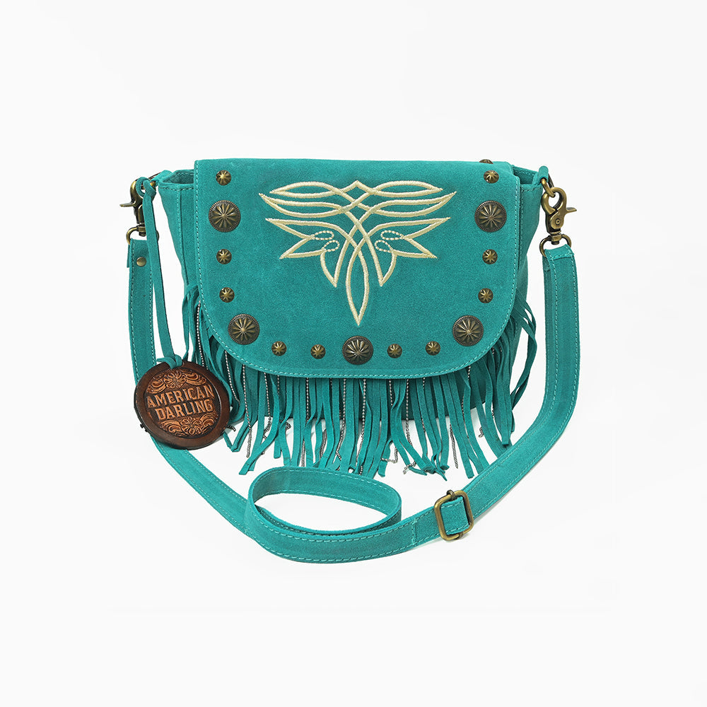 American Darling Genuine Suede Leather Cross body Bag - Fringe, Embroidery & Concho Eco-Friendly Vegetable Tanned Purse