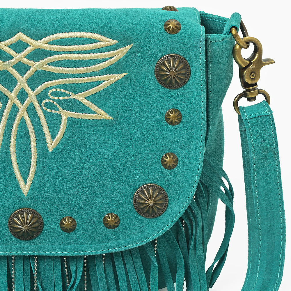 American Darling Genuine Suede Leather Cross body Bag - Fringe, Embroidery & Concho Eco-Friendly Vegetable Tanned Purse