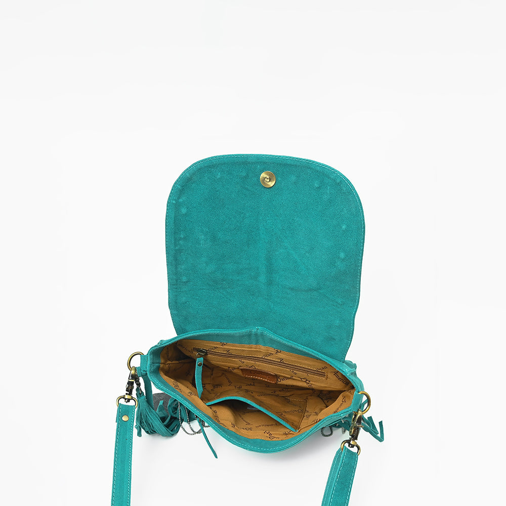 American Darling Genuine Suede Leather Cross body Bag - Fringe, Embroidery & Concho Eco-Friendly Vegetable Tanned Purse