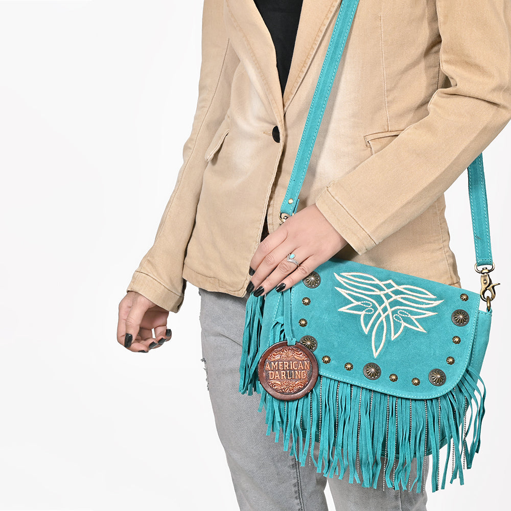 American Darling Genuine Suede Leather Cross body Bag - Fringe, Embroidery & Concho Eco-Friendly Vegetable Tanned Purse
