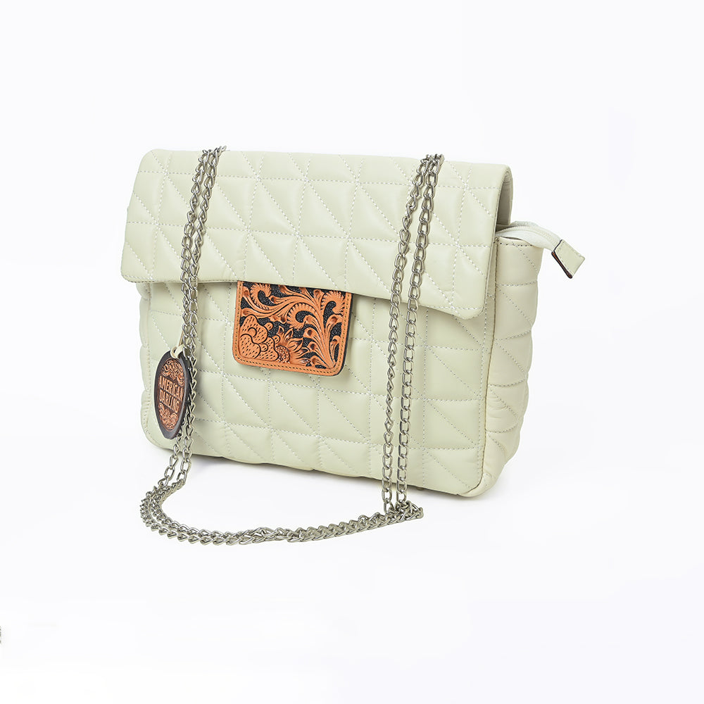 American Darling Cream Quilted Crossbody Bag with Tooled Leather Accent