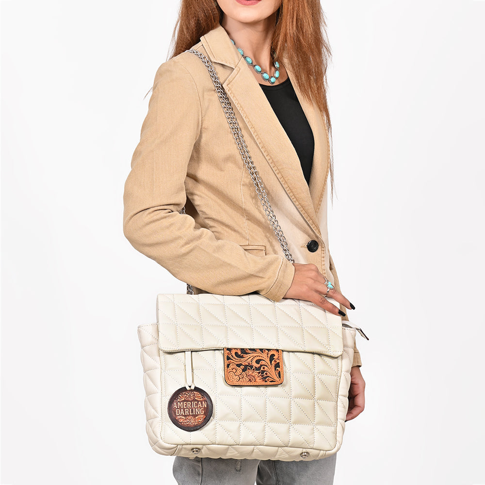 American Darling Cream Quilted Crossbody Bag with Tooled Leather Accent