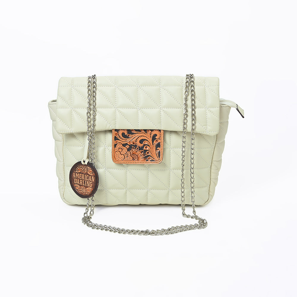 American Darling Cream Quilted Crossbody Bag with Tooled Leather Accent