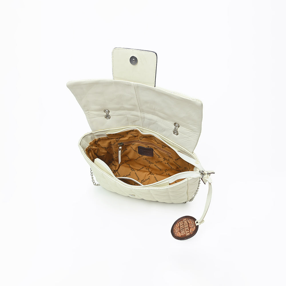 American Darling Cream Quilted Crossbody Bag with Tooled Leather Accent