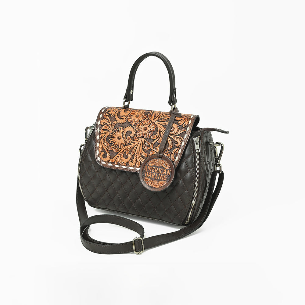 American Darling Dark Brown Quilted Satchel with Floral Tooled Leather Flap