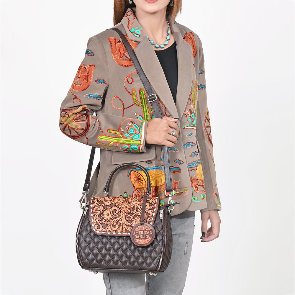 American Darling Dark Brown Quilted Satchel with Floral Tooled Leather Flap