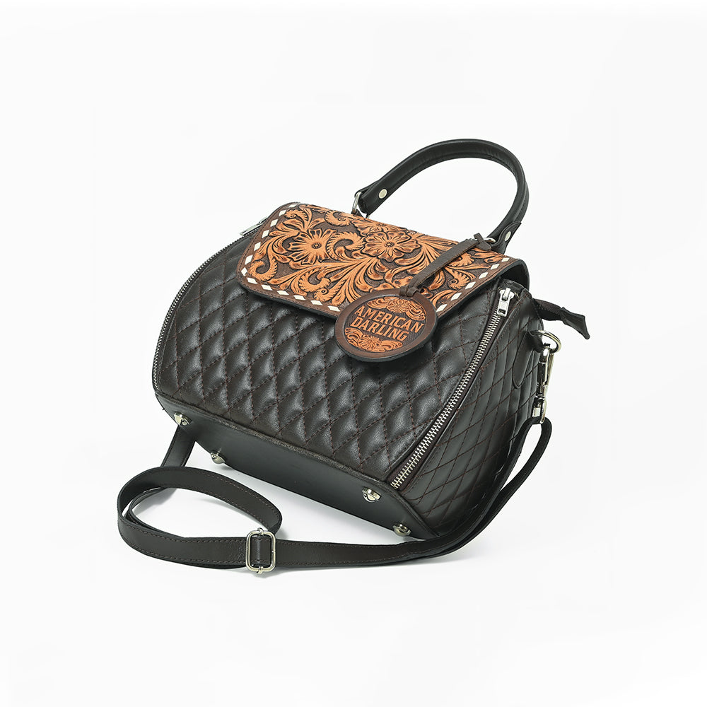 American Darling Dark Brown Quilted Satchel with Floral Tooled Leather Flap