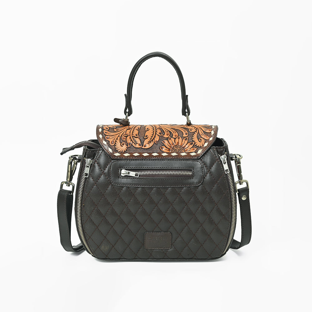 American Darling Dark Brown Quilted Satchel with Floral Tooled Leather Flap