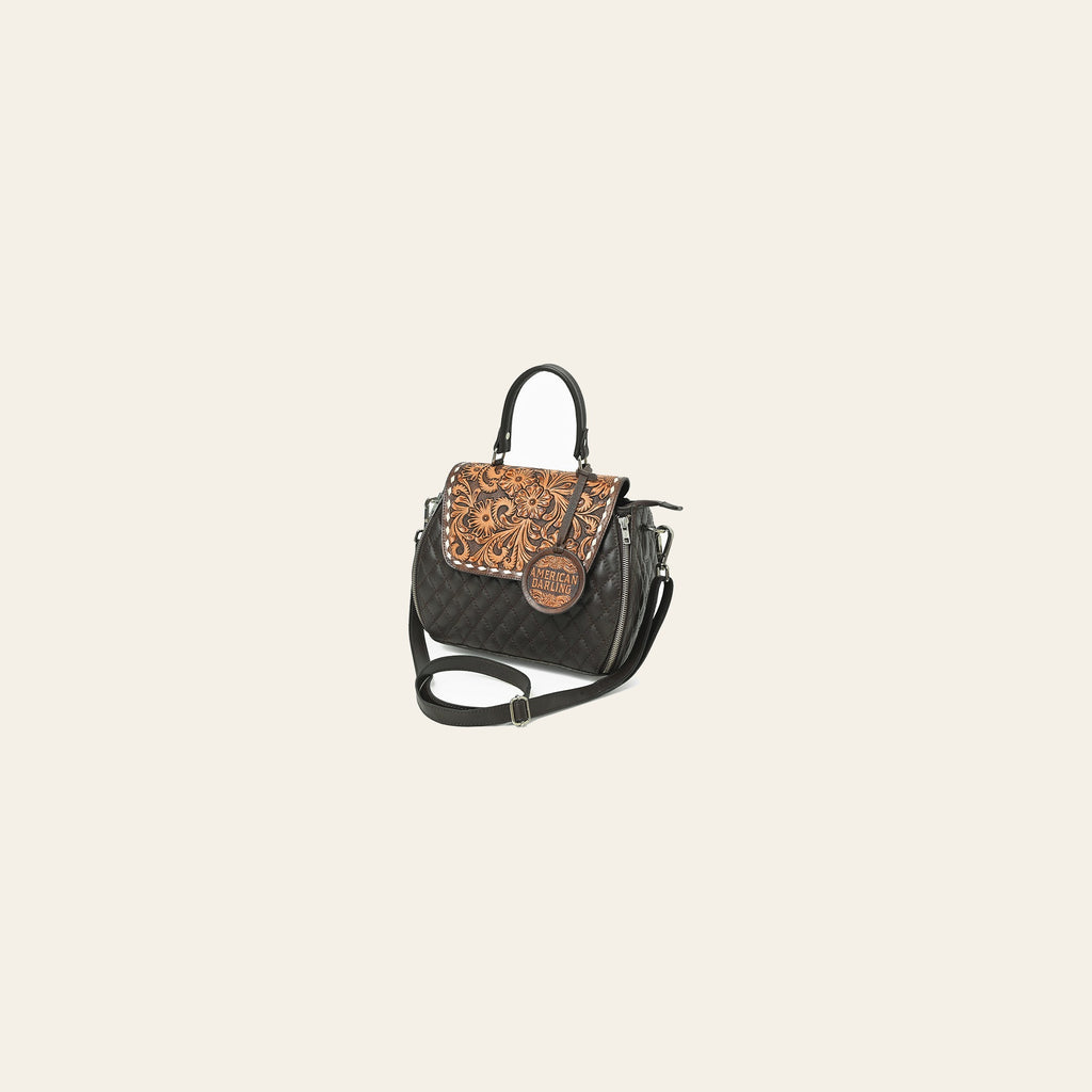 American Darling Dark Brown Quilted Satchel with Floral Tooled Leather Flap