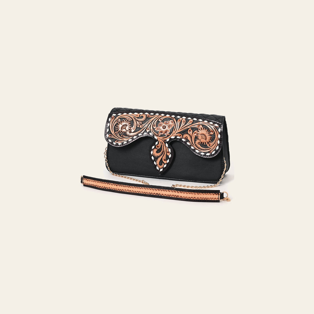 American Darling Quilted Leather Cross body Bag - Hand Tooled Floral Carved Buck Stitched Eco-Friendly Vegetable Tanned Purse