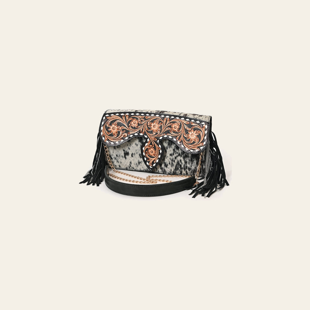 American Darling Hand Tooled Floral Carved Hair-On Cowhide Genuine Leather Cross body Bag with Fringes and YKK Zipper