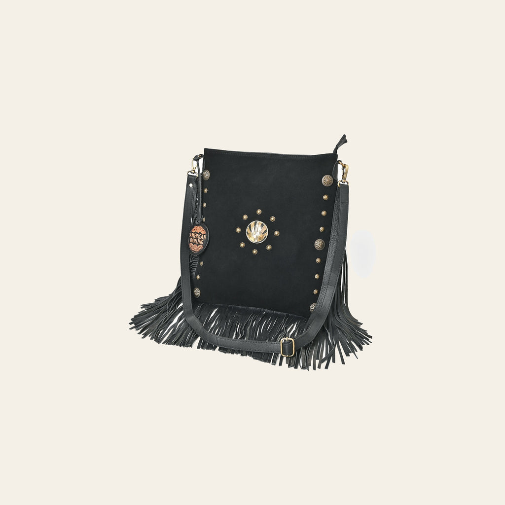 American Darling Large Cross body Bag Western Suede Leather Purse with Fringes Rivets Concho and YKK Zipper for Women