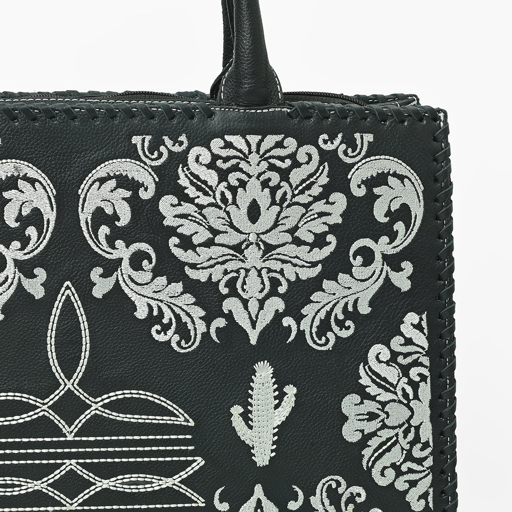 American Darling Black Western Embroidered Tote Bag with White Cactus Details