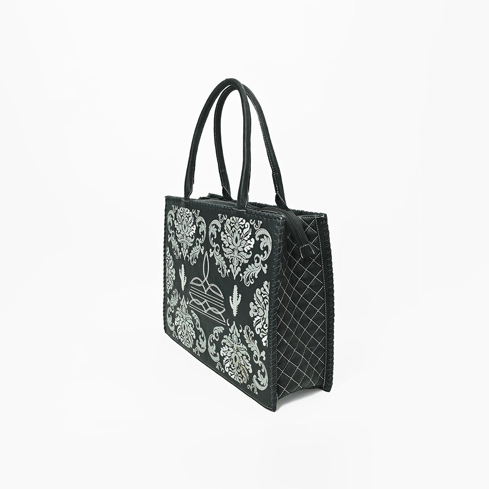 American Darling Black Western Embroidered Tote Bag with White Cactus Details