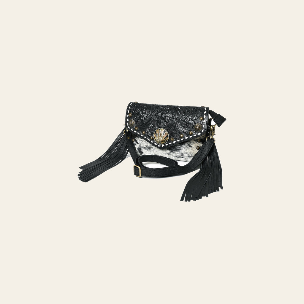 American Darling Cross body Bag, Hand Tooled Floral Leather, Hair-On Cowhide with Fringes and Concho, Small Western Purse