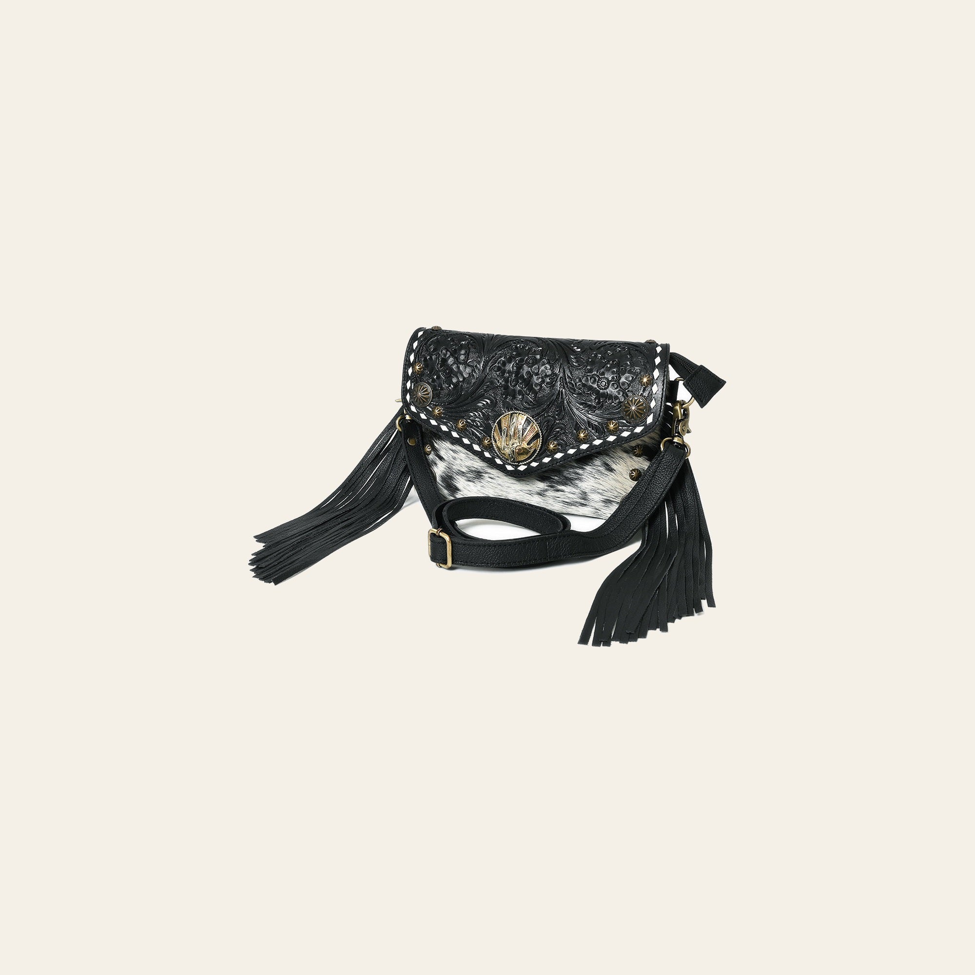 American Darling Cross body Bag, Hand Tooled Floral Leather, Hair-On Cowhide with Fringes and Concho, Small Western Purse