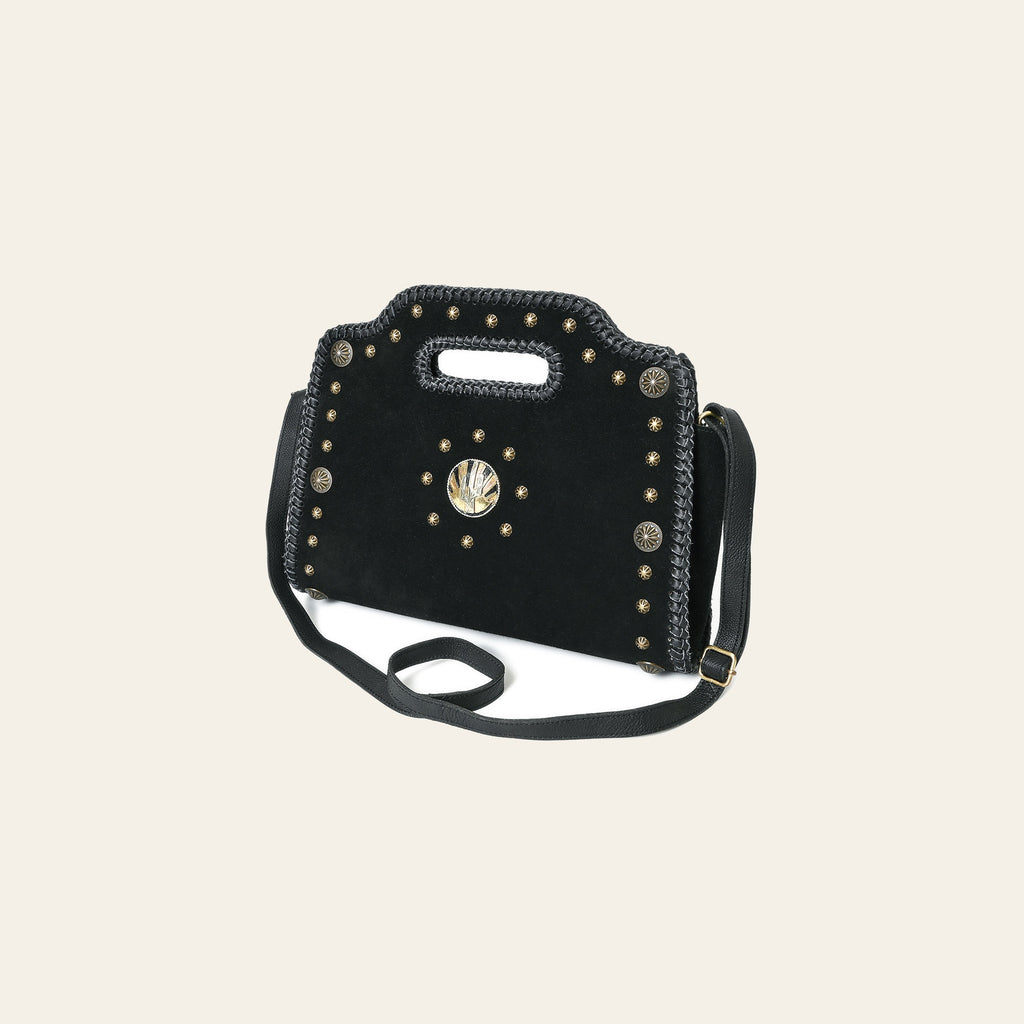 American Darling Clutch Bag for Women, Premium Suede Leather with Braided Edges, Western Concho & Studs, Large Boho Handbag