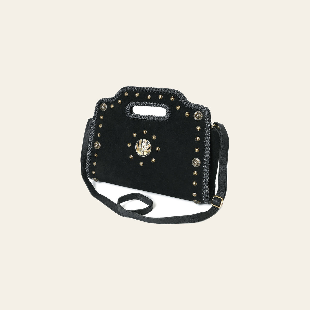 American Darling Clutch Bag for Women, Premium Suede Leather with Braided Edges, Western Concho & Studs, Large Boho Handbag