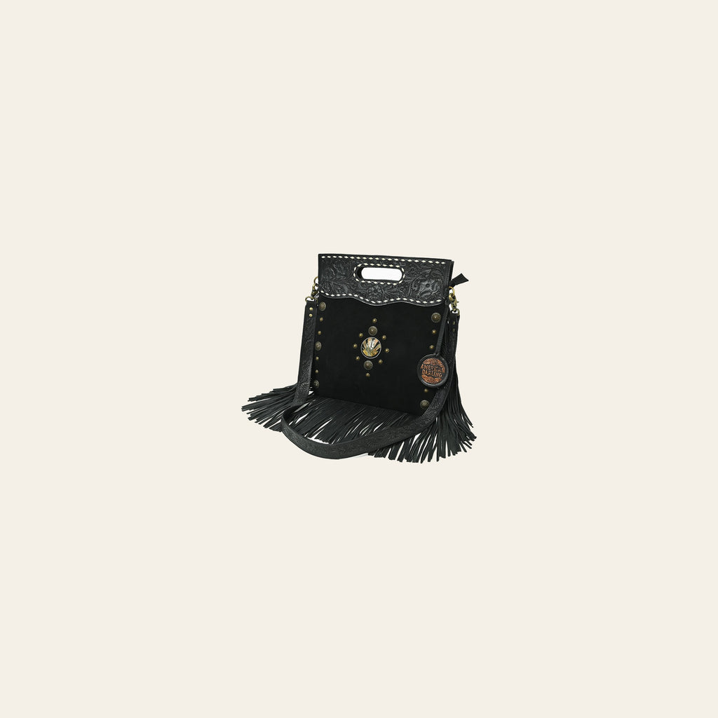 American Darling Clutch Bag Hand Tooled Floral Genuine Leather Western Purse with Fringes Concho and YKK Zipper