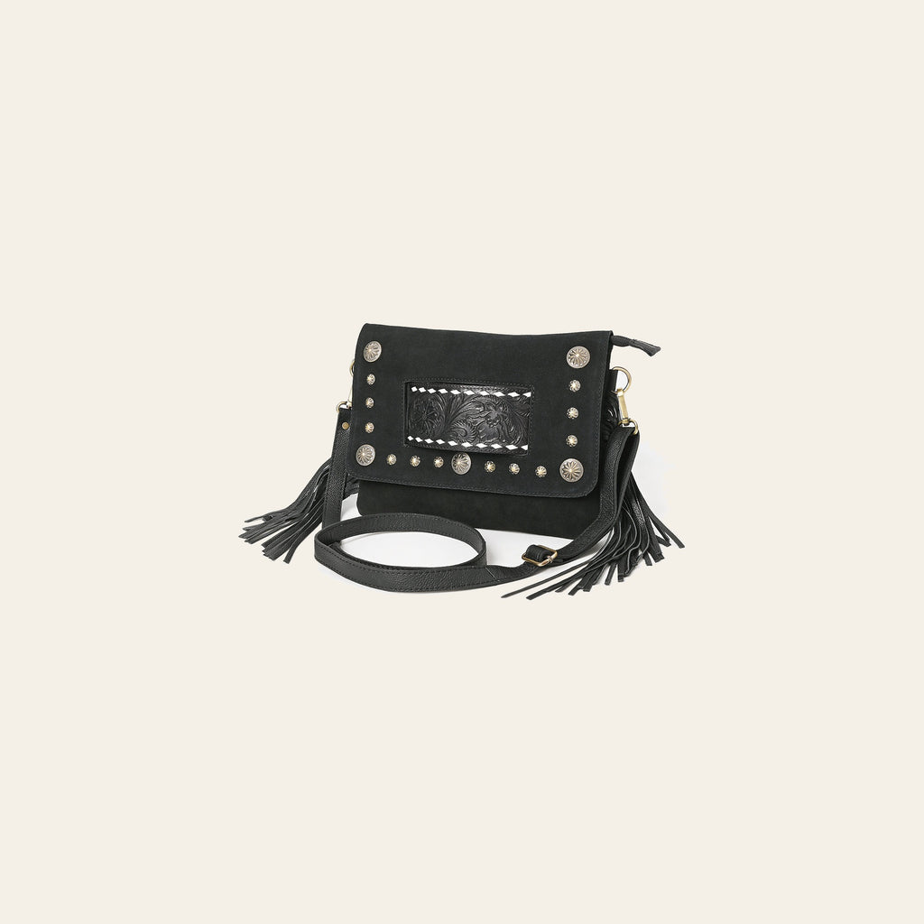 American Darling Cross body Bag for Women, Hand Tooled Floral Leather & Genuine Suede with Fringes, Western Concho & YKK Zipper