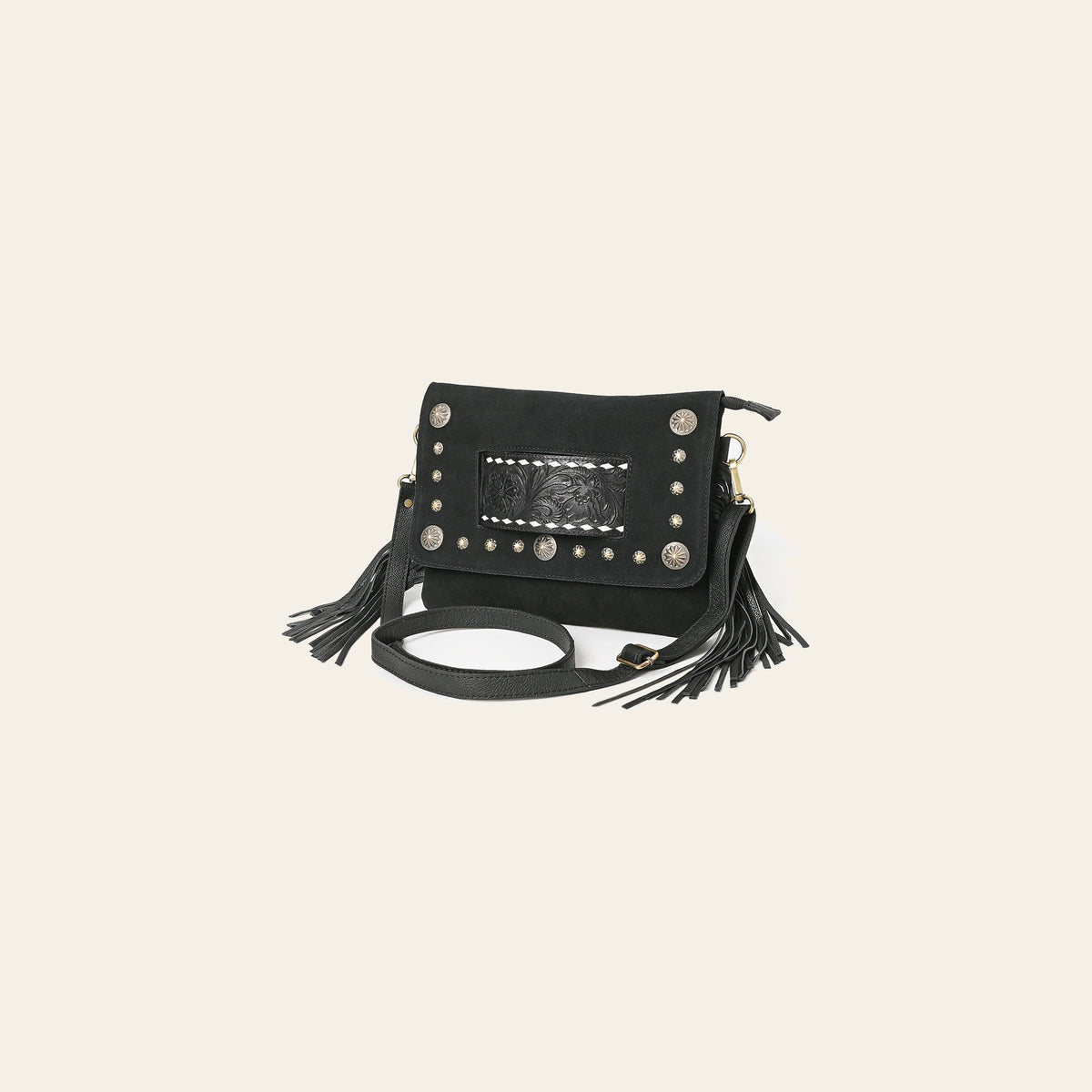 American Darling Cross body Bag for Women, Hand Tooled Floral Leather & Genuine Suede with Fringes, Western Concho & YKK Zipper