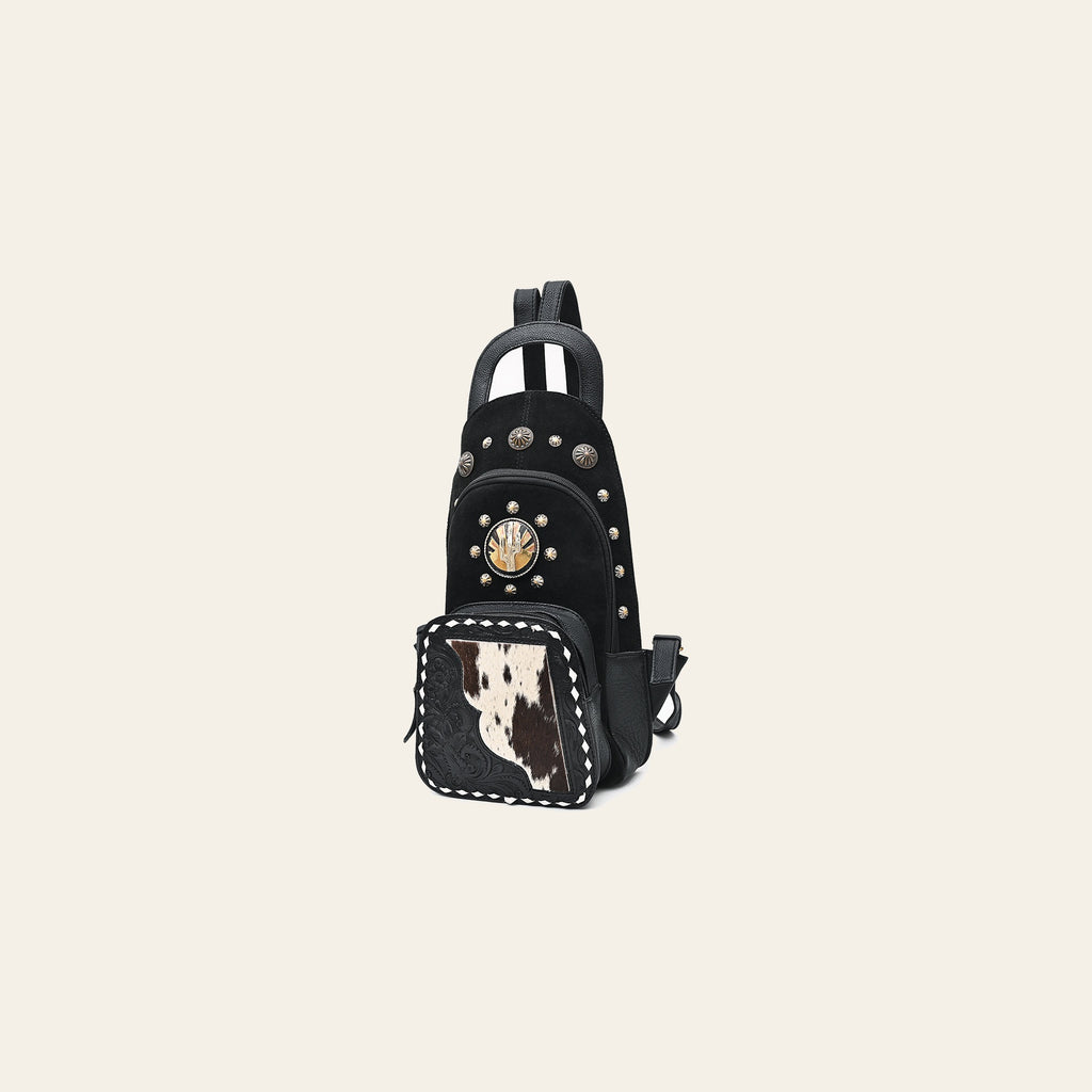 American Darling Sling Bag for Women, Hand Tooled Floral Leather & Genuine Suede, Hair-on Cowhide with Conchos, Western Backpack