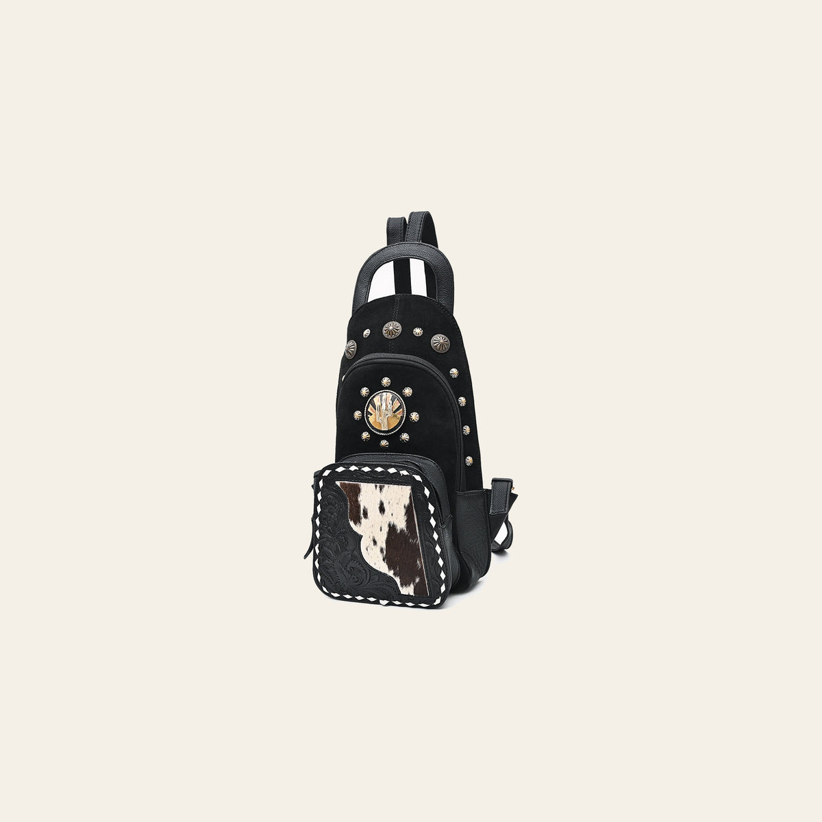 American Darling Sling Bag for Women, Hand Tooled Floral Leather & Genuine Suede, Hair-on Cowhide with Conchos, Western Backpack