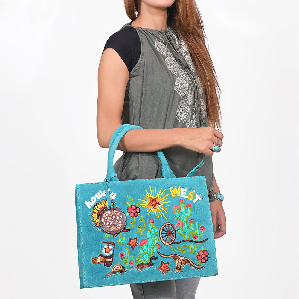 American Darling Women's Turquoise Western Tote Bag with Colorful Desert Embroidery Sunflower