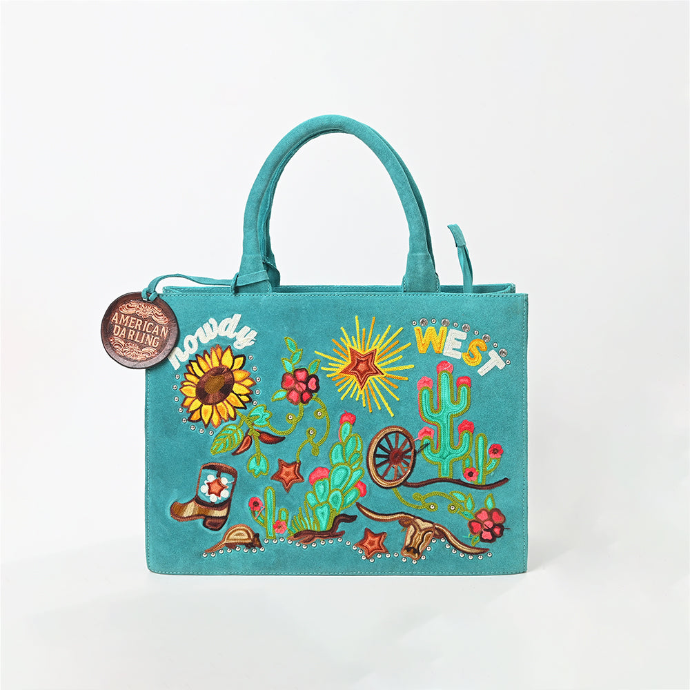 American Darling Women's Turquoise Western Tote Bag with Colorful Desert Embroidery Sunflower